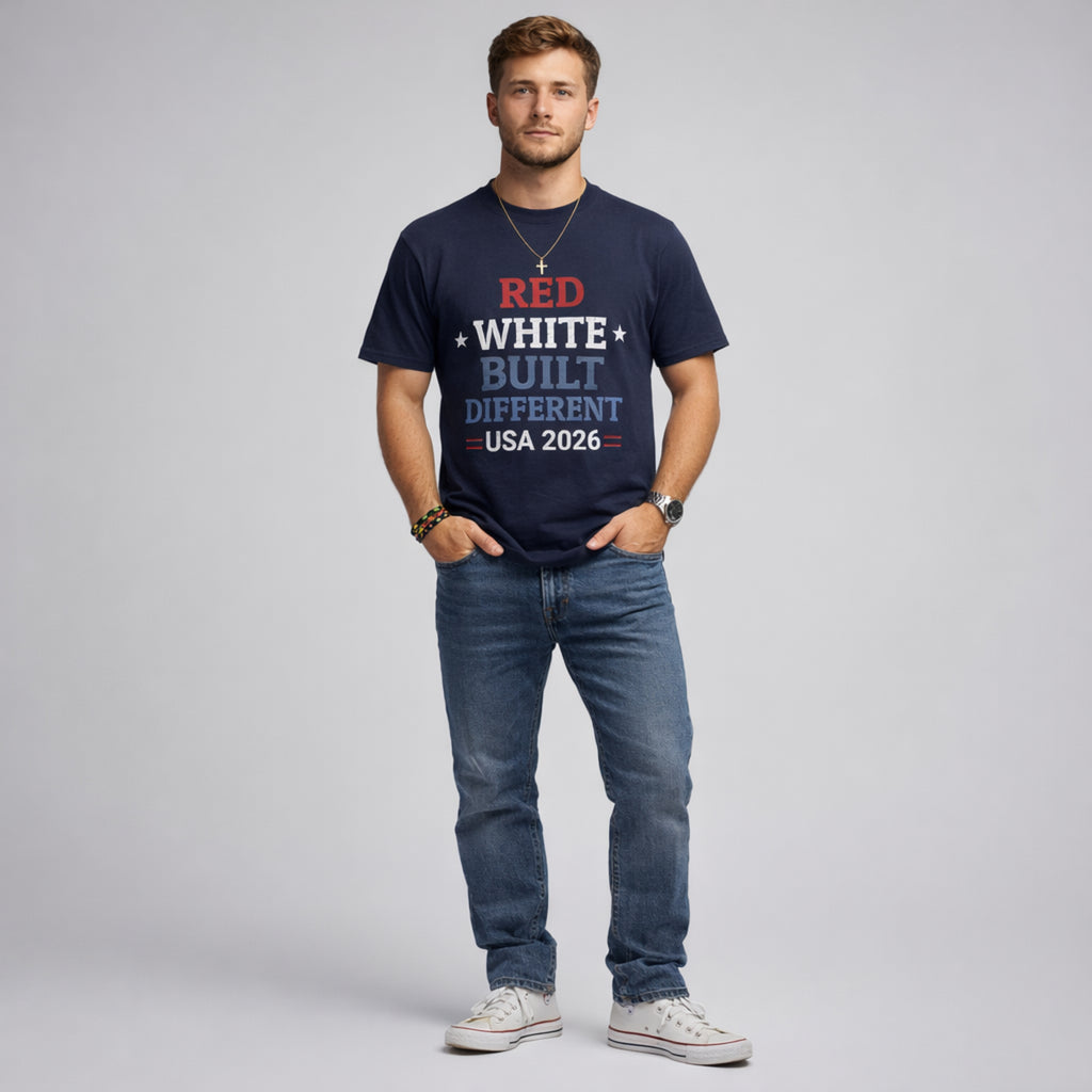 Red White Built Different USA 2026 Patriotic Graphic Tee