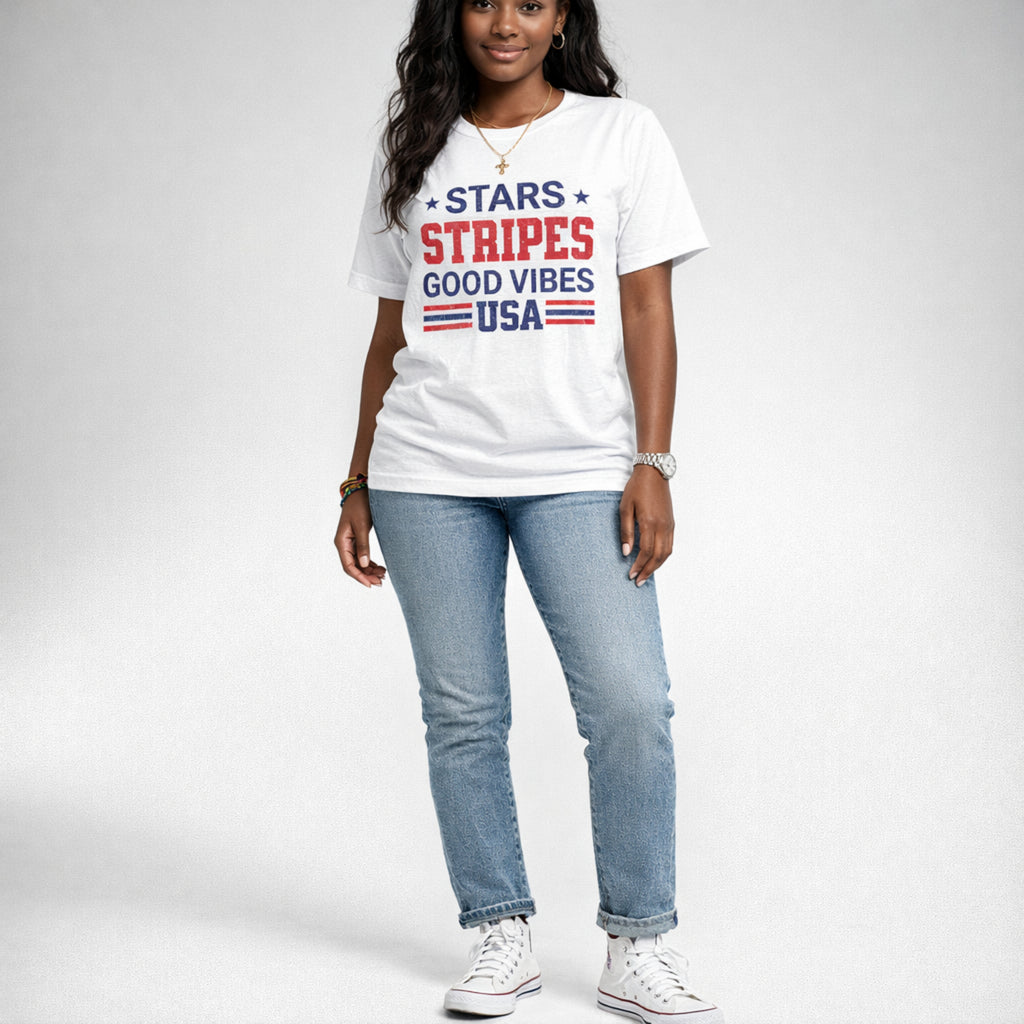 Stars Stripes Good Vibes USA Patriotic Graphic Tee