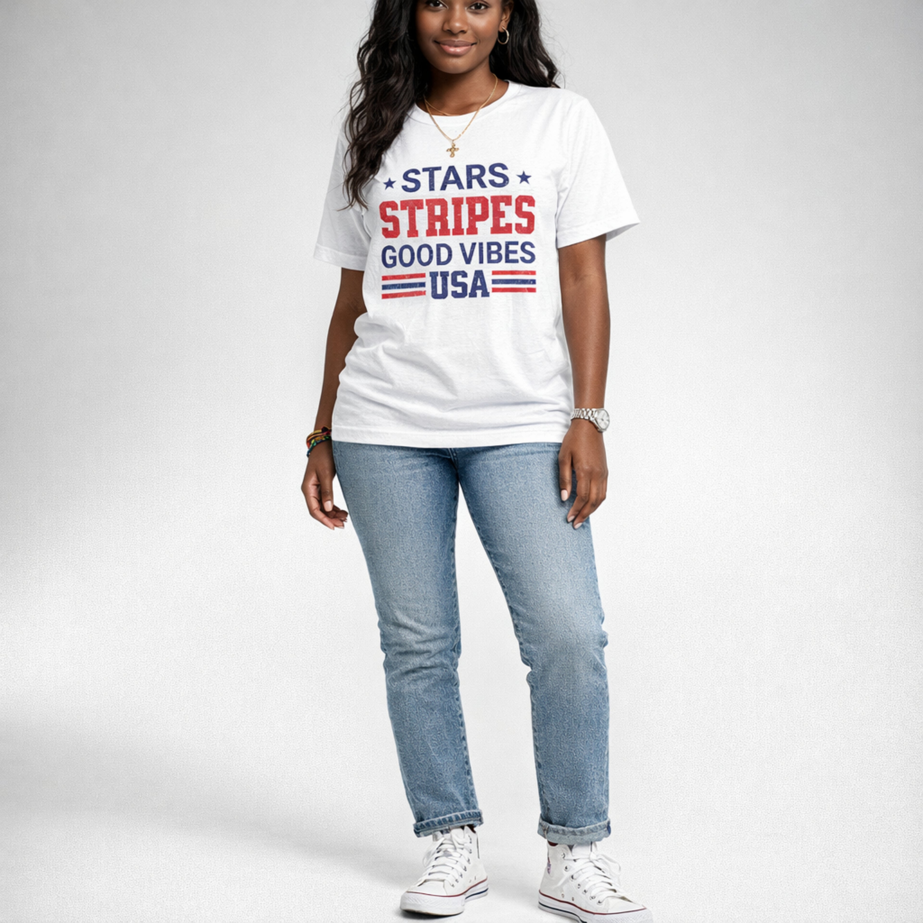Stars Stripes Good Vibes USA Patriotic Graphic Tee