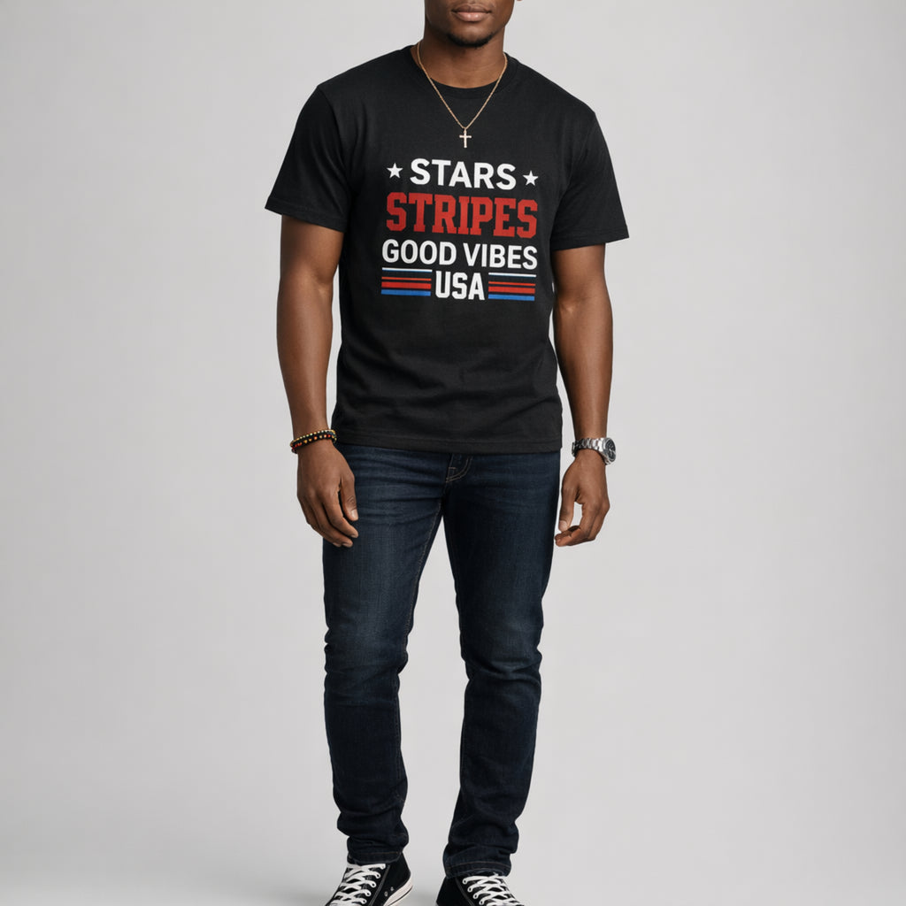 Stars Stripes Good Vibes USA Patriotic Graphic Tee