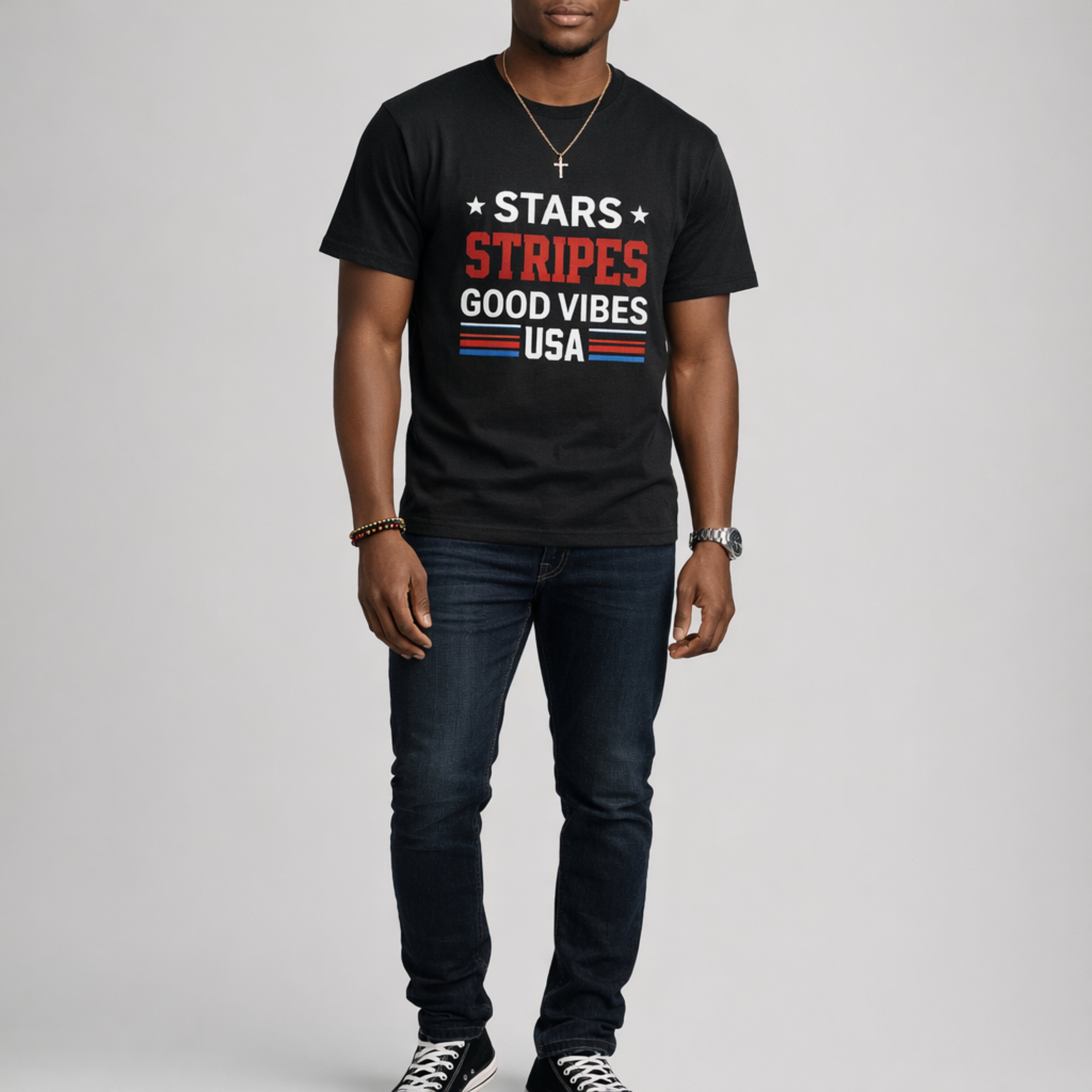 Stars Stripes Good Vibes USA Patriotic Graphic Tee