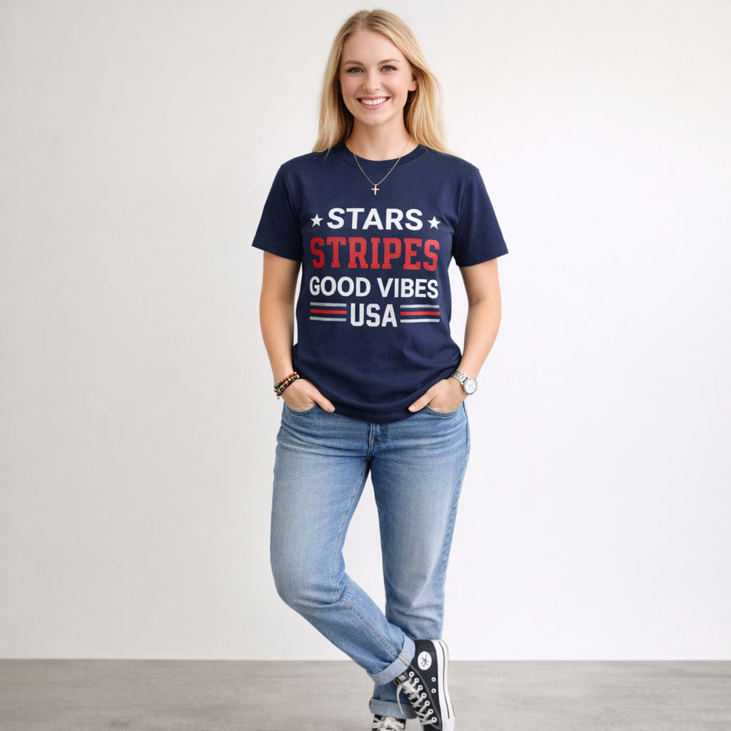 Stars Stripes Good Vibes USA Patriotic Graphic Tee