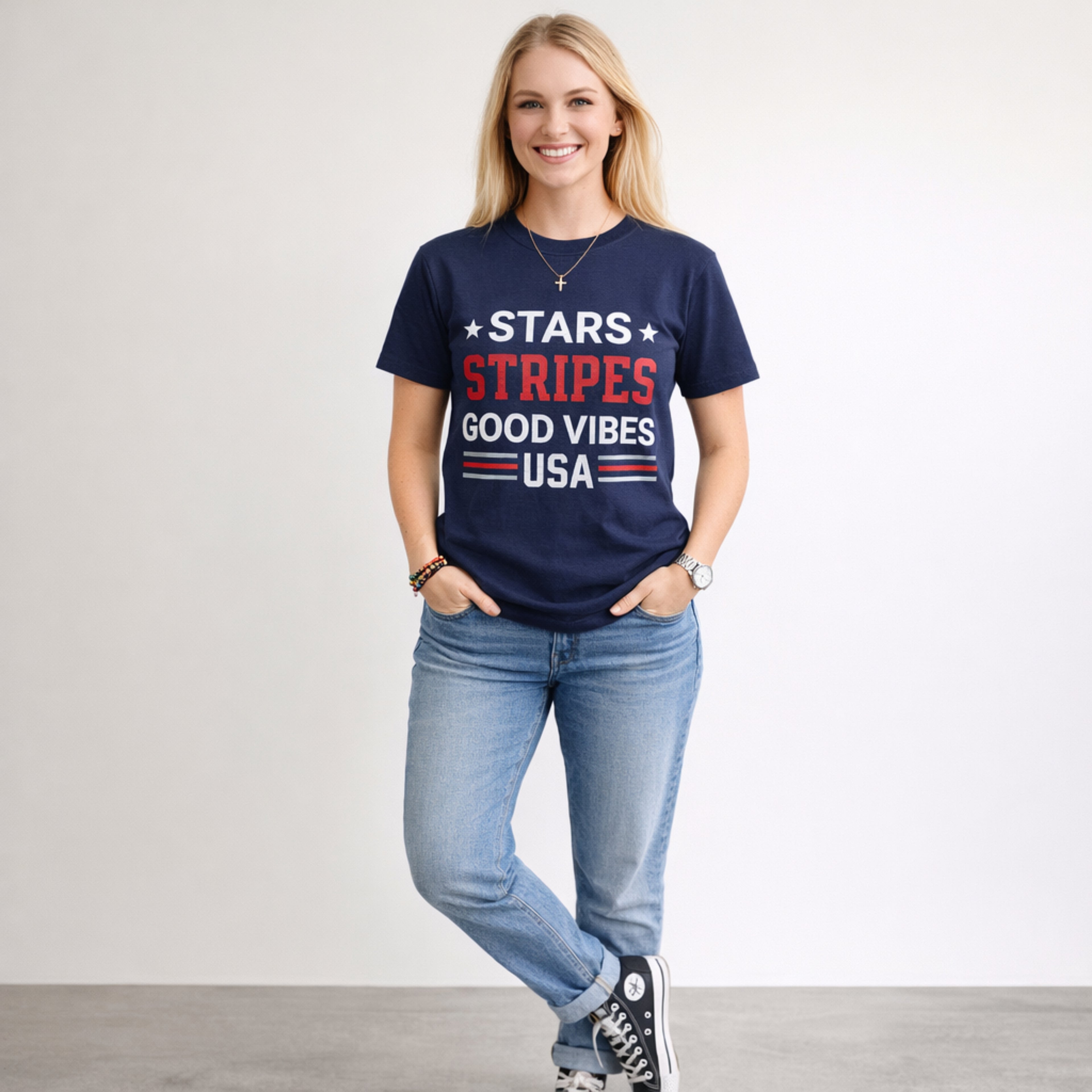 Stars Stripes Good Vibes USA Patriotic Graphic Tee