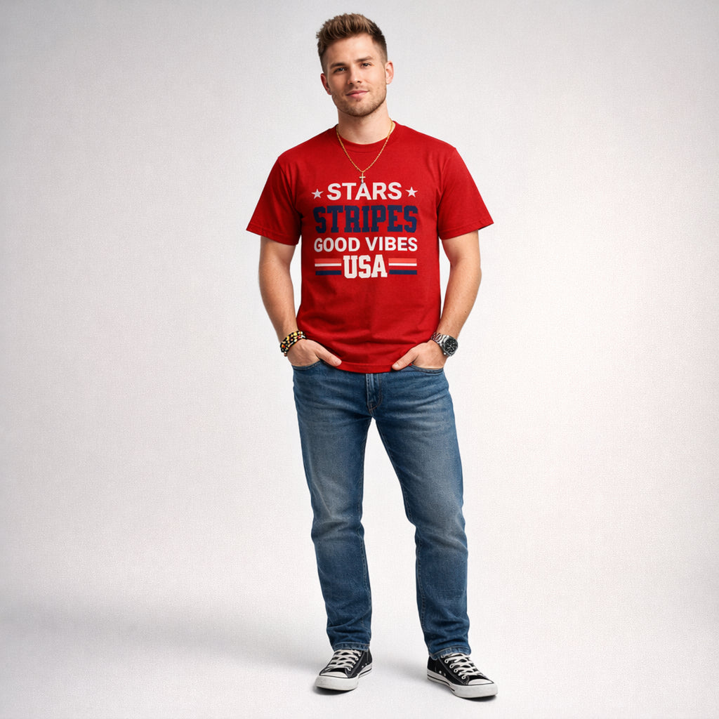 Stars Stripes Good Vibes USA Patriotic Graphic Tee